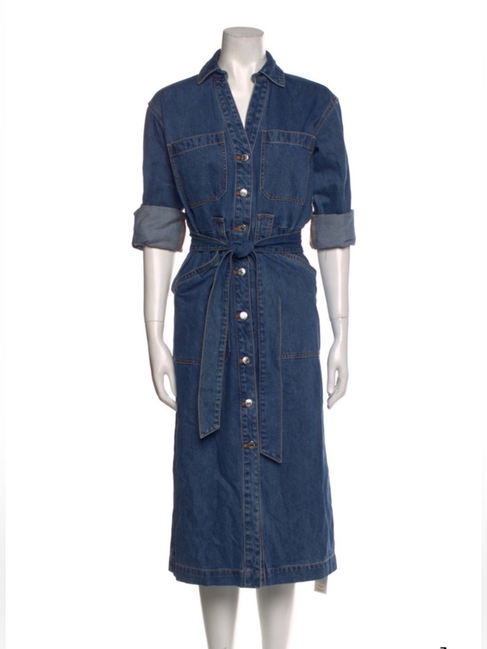 Veronica Beard Dark Blue Denim Button-Front Midi Dress with Tie Belt